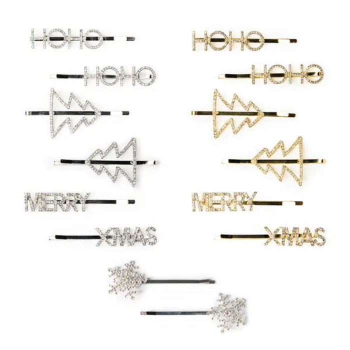 Set of decorative hairpins with 'HOHO', 'MERRY XMAS' text, and snowflake designs on a white background.