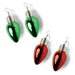Green and red Christmas bulb earrings on a white background