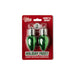 Packaged holiday light-up bulb earrings with green bulbs on a red background
