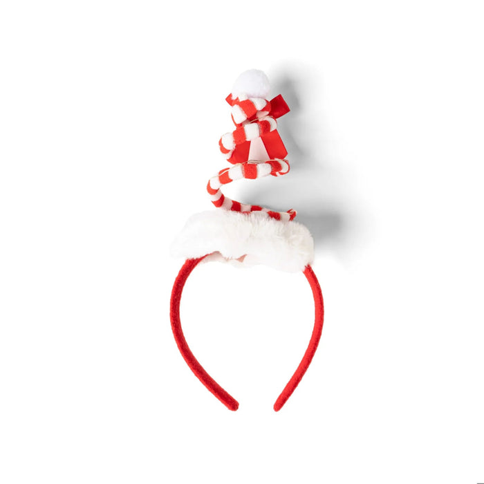 Red and white candy cane-themed headband with a bow on a white background