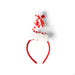 Red and white candy cane-themed headband with a bow on a white background