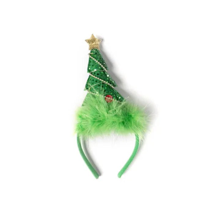 Green Christmas tree headband with fur trim on a white background