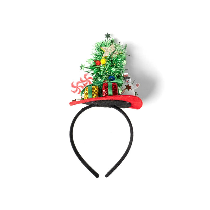 Christmas-themed headband with a tree and presents on a white background