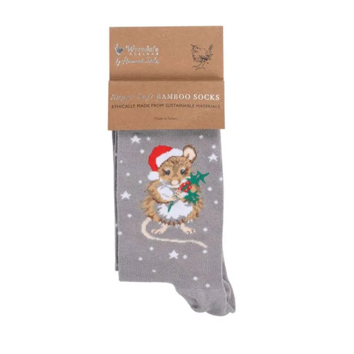 Gray sock with Christmas mouse design and packaging on a white background