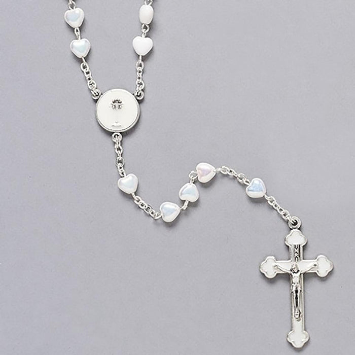 16" White Communion Rosary with Heart Shaped Beads -