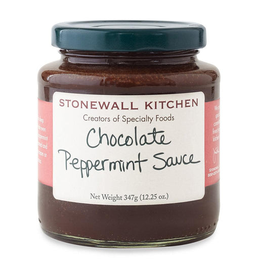 A jar of Stonewall Kitchen Chocolate Peppermint Sauce with a white and pink label on a plain background.