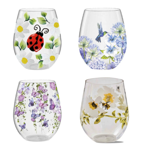 16oz Bee Happy & Flower Stemless Wine Glass - At Home by Mirabeau - Assorted Style, 1 At Random - 16oz Bee Happy & Flower Stemless Wine Glass - At Home by Mirabeau - Assorted Style, 1 At Random