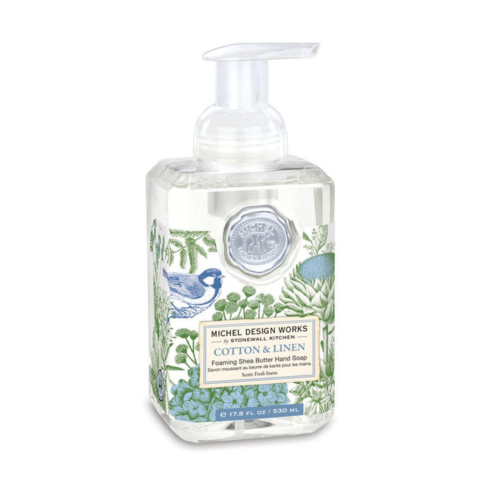 Michel Design Works crafts this Cotton &amp; Linen Foaming Hand Soap with a light, airy scent that feels as fresh as clean laundry. 