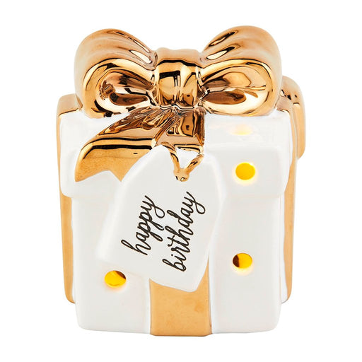Mud Pie Birthday Present Light-Up Sitter featuring a white ceramic gift box with metallic gold ribbon, bow, and “Happy Birthday” tag.
