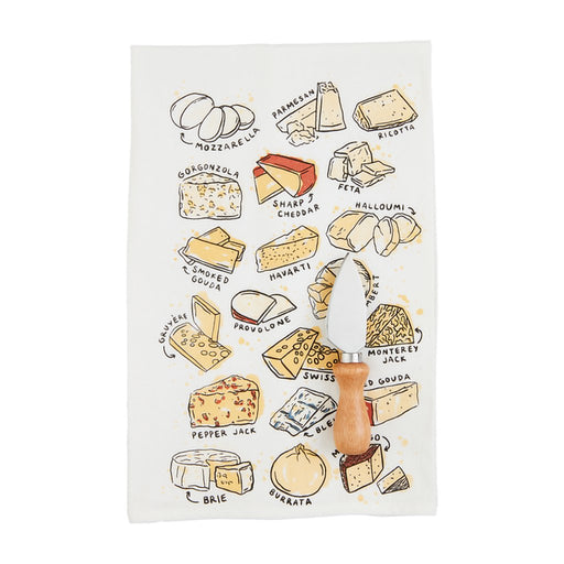 Mud Pie Cheese Print Towel Set featuring illustrated cheese varieties and a stainless-steel cheese knife with a wooden handle placed on the towel.