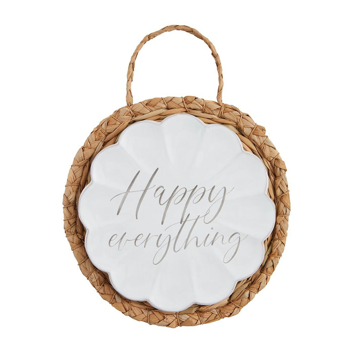 Mud Pie Dish & Trivet Set “Happy Everything” — scalloped white ceramic dish with cursive lettering paired with woven water hyacinth trivet.