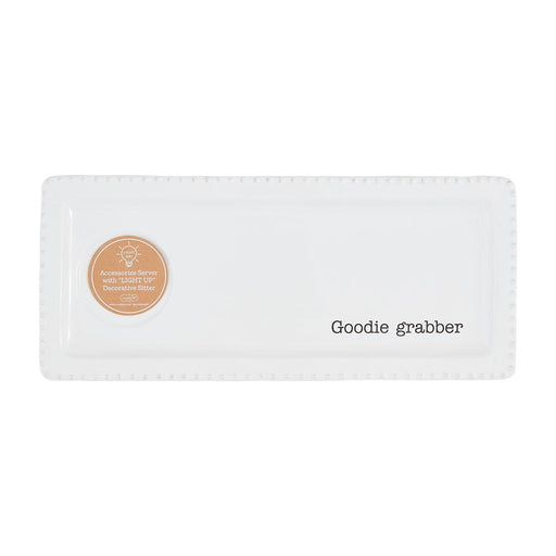 Mud Pie Light Up Section Tray “Goodie Grabber” — white ceramic rectangular tray with beaded edge and black lettering, compatible with Mud Pie Light Up Decorative Sitters.