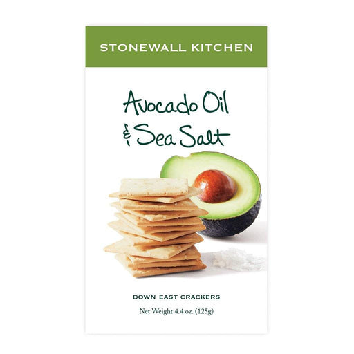 Stonewall Kitchen Avocado Oil & Sea Salt Crackers box, featuring a stack of square crackers, half an avocado, and a sprinkle of sea salt on a white background, 4.4 oz (125g) package.