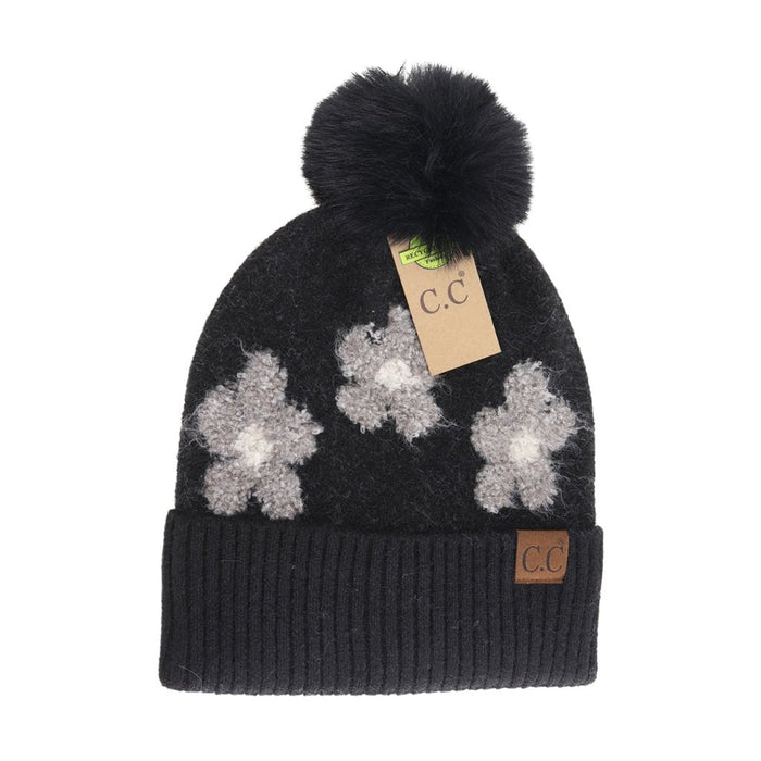 CC Beanie : Daisy Contrast Faux Fur Pom in Heather Black - CC Beanie : Daisy Contrast Faux Fur Pom in Heather Black