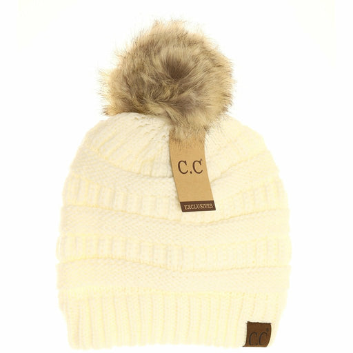 CC Beanie : Fur Pom CC Beanie in Ivory - CC Beanie : Fur Pom CC Beanie in Ivory