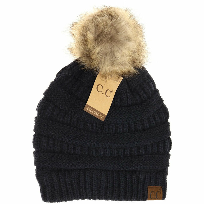 CC Beanie : Fur Pom CC Beanie in Navy - CC Beanie : Fur Pom CC Beanie in Navy