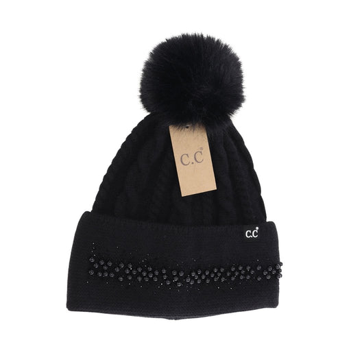 CC Beanie : Pearl Embellished Cuff Faux Fur Pom in Black - CC Beanie : Pearl Embellished Cuff Faux Fur Pom in Black