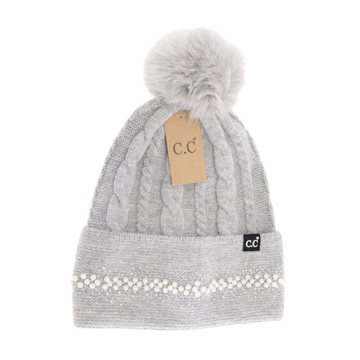 CC Beanie : Pearl Embellished Cuff Faux Fur Pom in Light Grey - CC Beanie : Pearl Embellished Cuff Faux Fur Pom in Light Grey