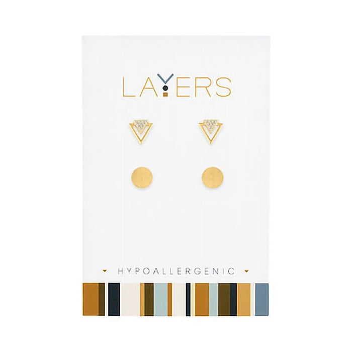Center Court : Gold CZ Triangle & Round Double Pair Layers Earrings - Center Court : Gold CZ Triangle & Round Double Pair Layers Earrings