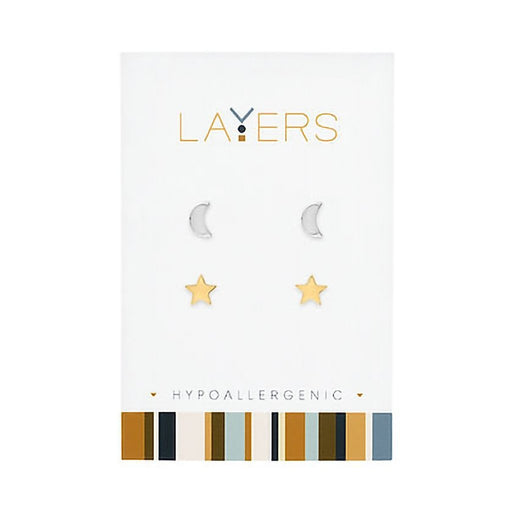 Center Court : Silver Moon & Gold Star Duo Pair Stud Layers Earrings - Center Court : Silver Moon & Gold Star Duo Pair Stud Layers Earrings