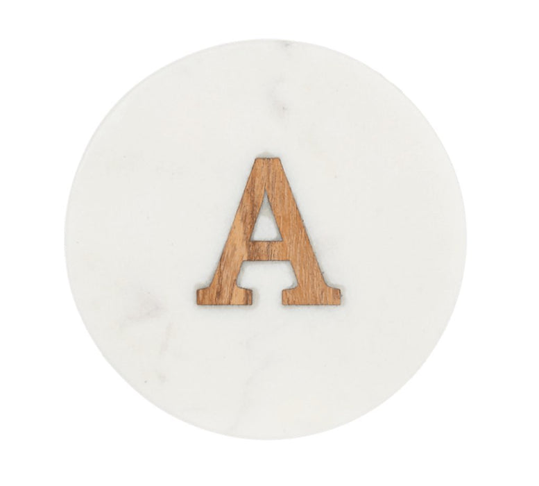 Ganz : Round White Marble Coaster with Letter Inlay (4 pc. set) - Ganz : Round White Marble Coaster With Letter A Inlay 4 pack. -