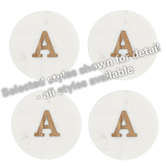 Ganz : Round White Marble Coaster with Letter Inlay (4 pc. set) - Ganz : Round White Marble Coaster with Letter Inlay (4 pc. set)