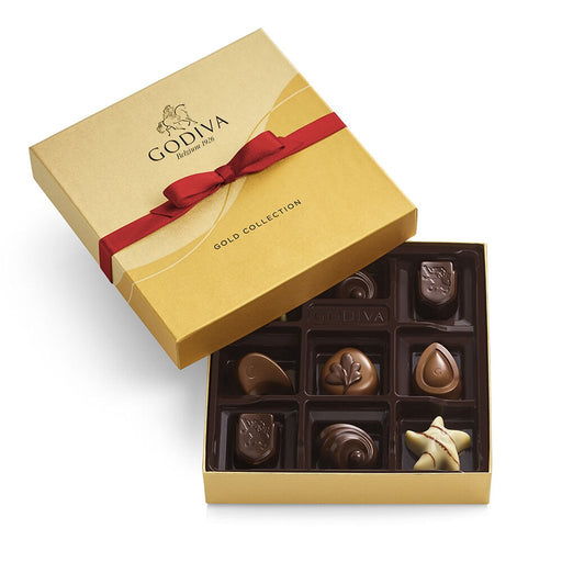 GODIVA : Assorted Chocolate Gold Gift Box, Red Ribbon, 9 pc. - GODIVA : Assorted Chocolate Gold Gift Box, Red Ribbon, 9 pc.