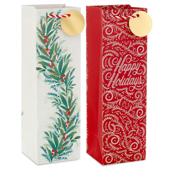 Hallmark : 13" Happy Holidays and Christmas Greenery 2-Pack Wine Gift Bags - Hallmark : 13" Happy Holidays and Christmas Greenery 2-Pack Wine Gift Bags