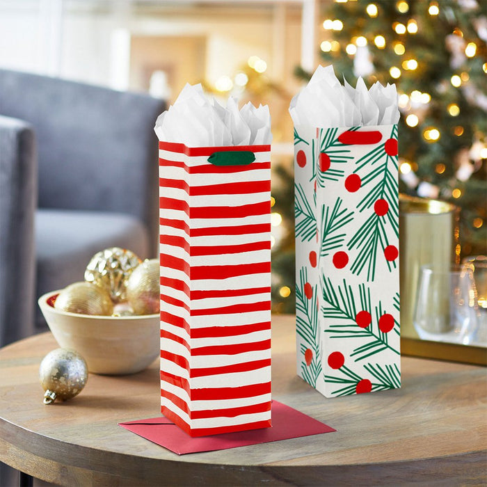 Hallmark : 13" Peppermint Stripe and Pine With Berries 2-Pack Christmas Wine Gift Bags - Hallmark : 13" Peppermint Stripe and Pine With Berries 2-Pack Christmas Wine Gift Bags