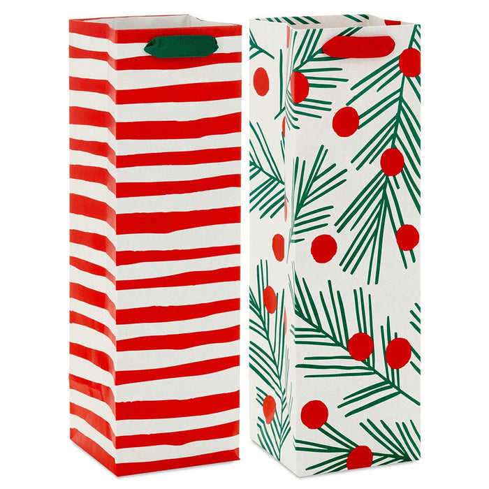 Hallmark : 13" Peppermint Stripe and Pine With Berries 2-Pack Christmas Wine Gift Bags - Hallmark : 13" Peppermint Stripe and Pine With Berries 2-Pack Christmas Wine Gift Bags