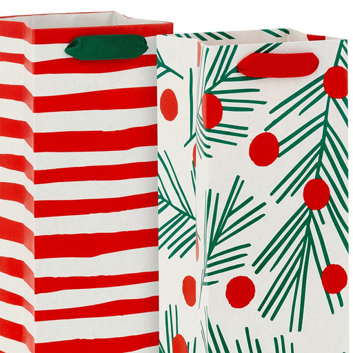 Hallmark : 13" Peppermint Stripe and Pine With Berries 2-Pack Christmas Wine Gift Bags - Hallmark : 13" Peppermint Stripe and Pine With Berries 2-Pack Christmas Wine Gift Bags