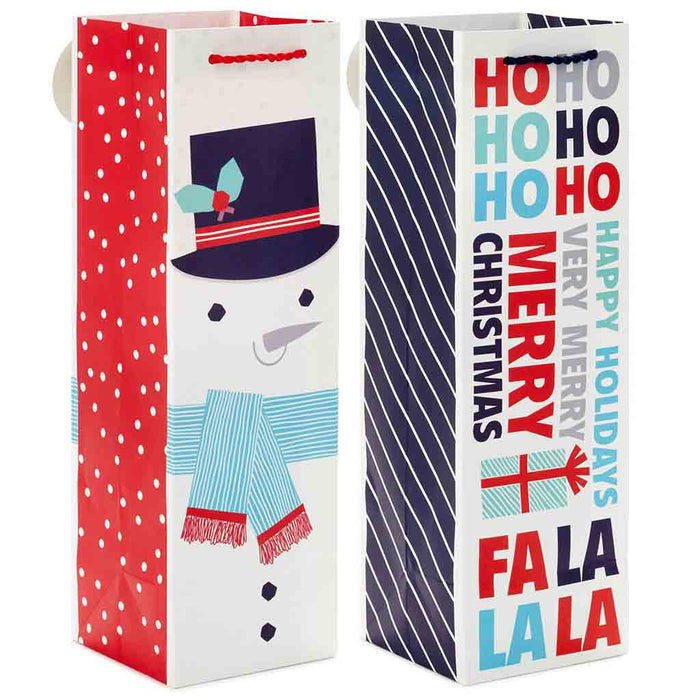 Hallmark : 13" Snowman and Merry Wishes 2-Pack Christmas Wine Gift Bags - Hallmark : 13" Snowman and Merry Wishes 2-Pack Christmas Wine Gift Bags