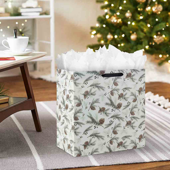 Hallmark : 15" Pinecones on White Extra-Deep Christmas Gift Bag - Hallmark : 15" Pinecones on White Extra-Deep Christmas Gift Bag