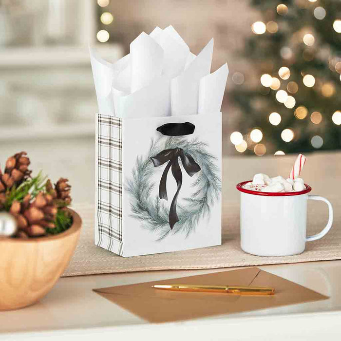 Hallmark : 6.5" Feathery Pine Wreath on White Small Holiday Gift Bag - Hallmark : 6.5" Feathery Pine Wreath on White Small Holiday Gift Bag