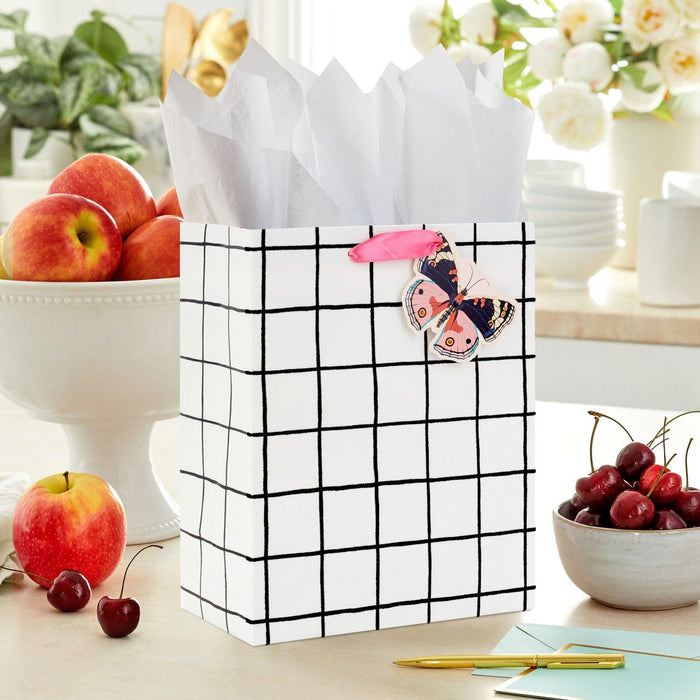 Hallmark : 9.6" Black and White Windowpane Medium Gift Bag -