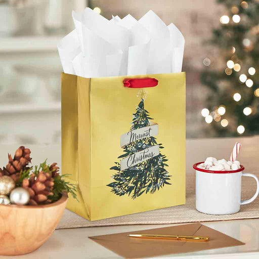 Hallmark : 9.6" Evergreen on Gold Metallic Medium Christmas Gift Bag - Hallmark : 9.6" Evergreen on Gold Metallic Medium Christmas Gift Bag