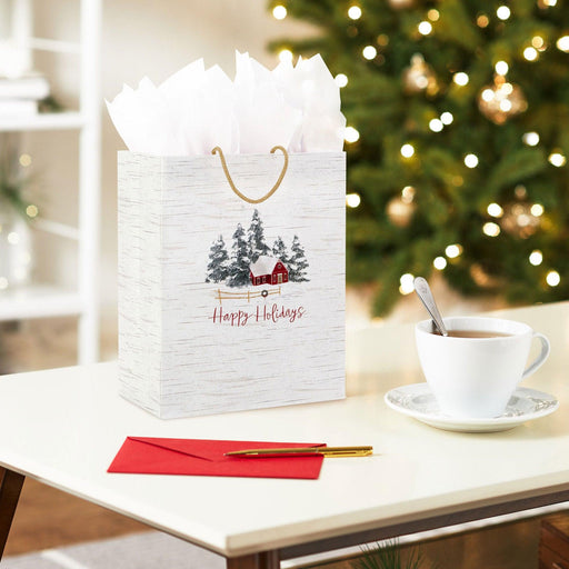 Hallmark : 9.6" Happy Holidays Red House on Birch Medium Gift Bag - Hallmark : 9.6" Happy Holidays Red House on Birch Medium Gift Bag - Annies Hallmark and Gretchens Hallmark, Sister Stores