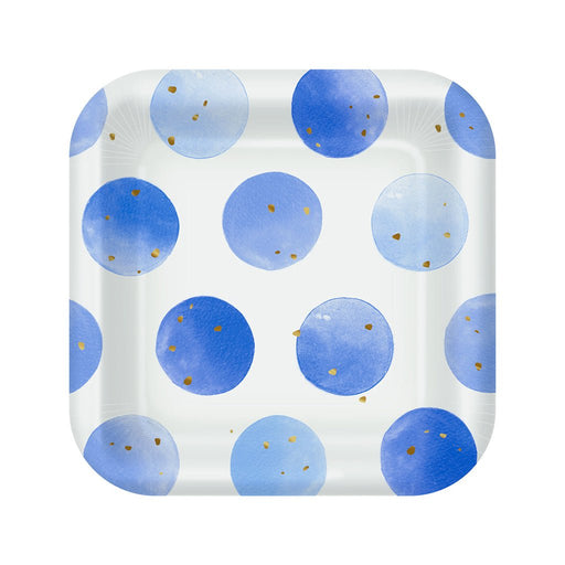Hallmark : Blue Watercolor Dots Square Dessert Plates, Set of 8 - Hallmark : Blue Watercolor Dots Square Dessert Plates, Set of 8