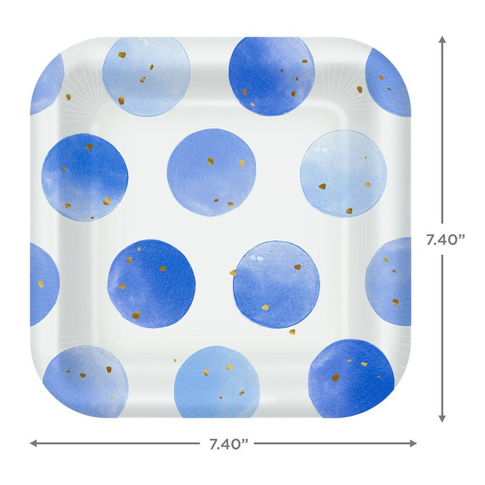 Hallmark : Blue Watercolor Dots Square Dessert Plates, Set of 8 - Hallmark : Blue Watercolor Dots Square Dessert Plates, Set of 8