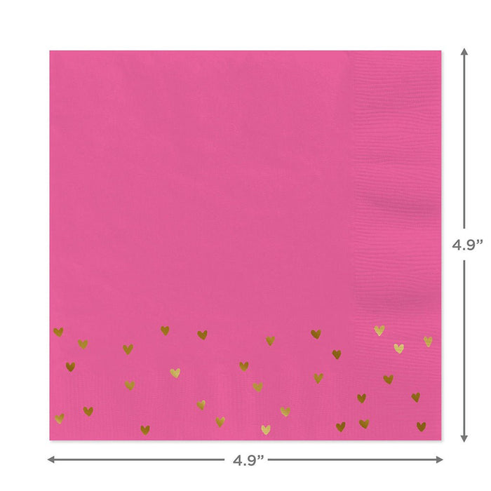 Hallmark : Foil Hearts on Pink Cocktail Napkins, Set of 16 - Hallmark : Foil Hearts on Pink Cocktail Napkins, Set of 16