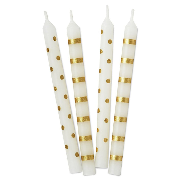 Hallmark : Gold Stripes and Polka Dots on White Birthday Candles, Set of 16 - Hallmark : Gold Stripes and Polka Dots on White Birthday Candles, Set of 16