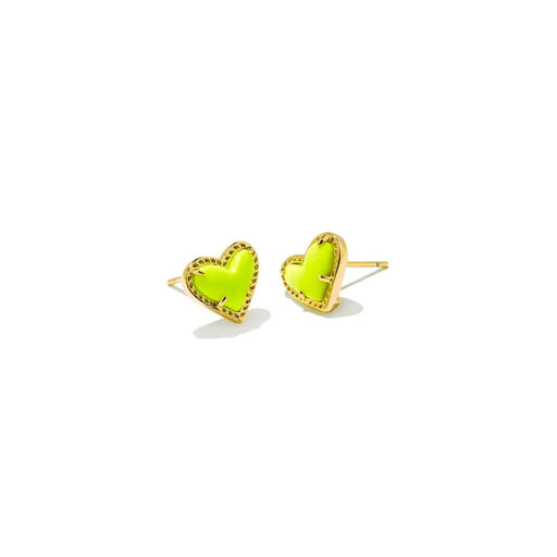 Kendra Scott : Ari Heart Gold Stud Earrings in Neon Yellow Magnesite -