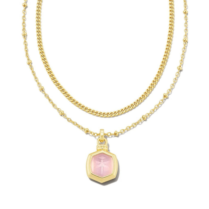 Kendra Scott : Davie Intaglio Gold Multi Strand Necklace in Pink Opalite Glass Dragonfly -