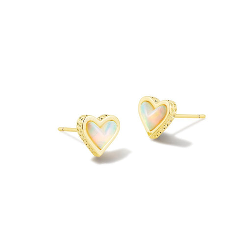 Kendra Scott : Framed Ari Heart Gold Stud Earrings in White Opalescent Resin - Kendra Scott : Framed Ari Heart Gold Stud Earrings in White Opalescent Resin