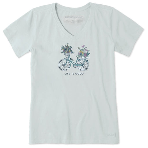 Life Is Good : Women's Bike Flower Baskets Short Sleeve Vee - Life Is Good : Women's Bike Flower Baskets Short Sleeve Vee