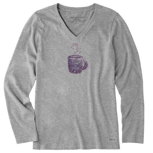 Life Is Good : Women's Scattered Hearts Coffee Long Sleeve Crusher-LITE Vee - Life Is Good : Women's Scattered Hearts Coffee Long Sleeve Crusher-LITE Vee