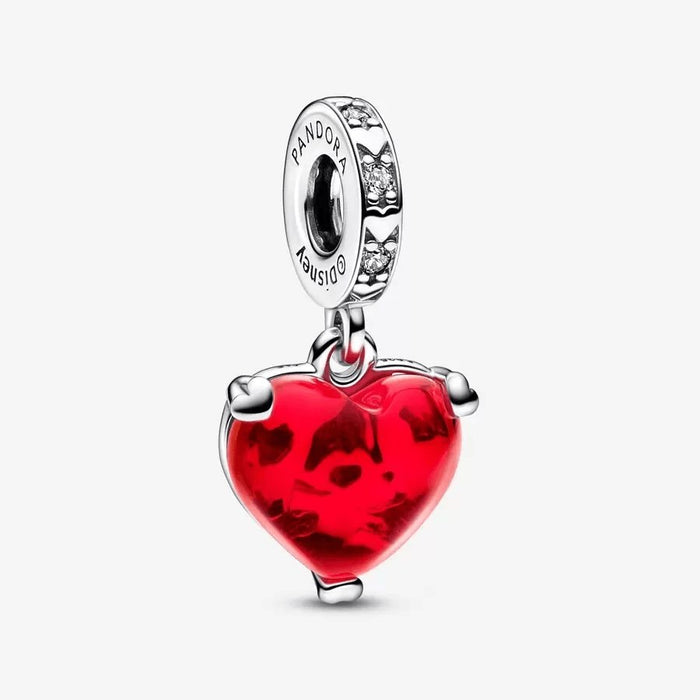 PANDORA : Disney Mickey & Minnie Mouse Kiss Red Murano Glass Dangle Charm -