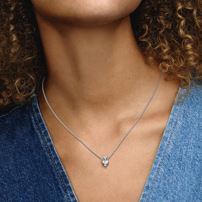 PANDORA : Double Heart Pendant Sparkling Collier Necklace -