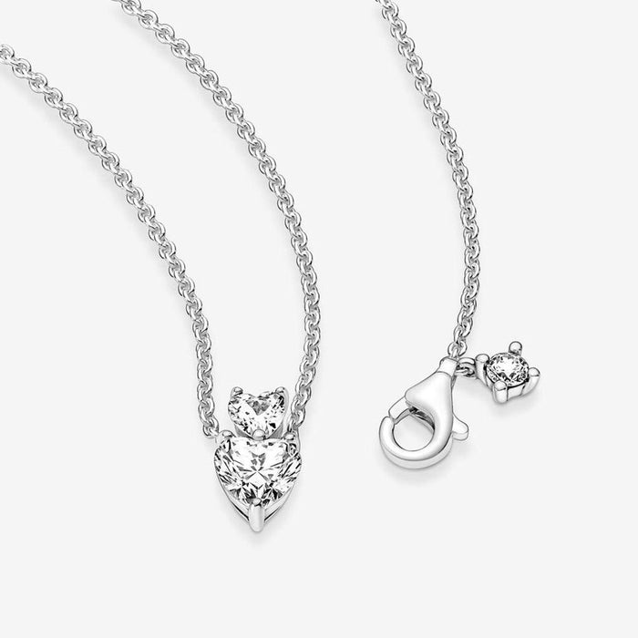 PANDORA : Double Heart Pendant Sparkling Collier Necklace -