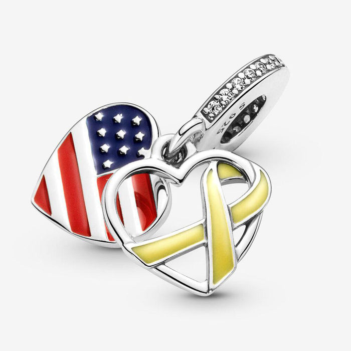 PANDORA : Heart, Flag & Remembrance Ribbon Double Dangle Charm -